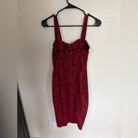 DIXIEFRIED Pinup Retro Red with Black Lace Print Pencil/Wiggle Dress - Picture 3 of 7